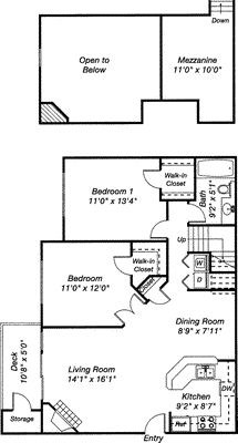 Floor plan for 2 beds, 1 bath, 1138 sqft